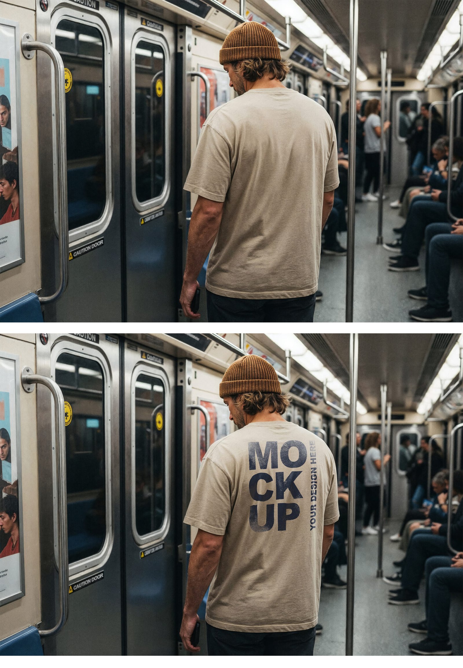 Man Back View In Subway Car T-Shirt Mockup Template - Preview1 Preview of a Man Back View In Subway Car T-Shirt Mockup Template