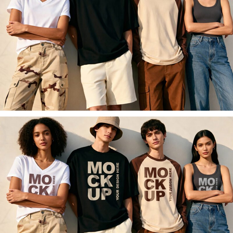 Preview of a Group Of Diverse Young People Standing In Modern Streetwear Clothing Mockup