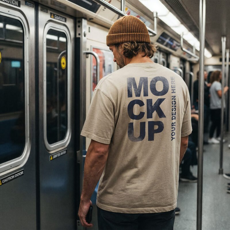 Thumbnail of a Man Back View In Subway Car T-Shirt Mockup Template