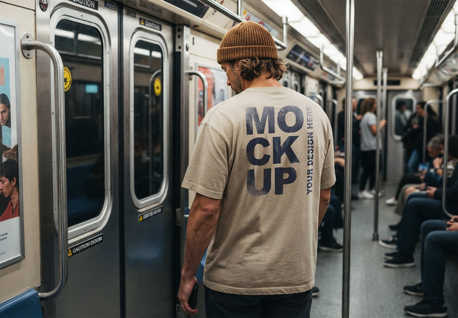 Man Back View In Subway Car T-Shirt Mockup Template - Thumbnail Thumbnail of a Man Back View In Subway Car T-Shirt Mockup Template
