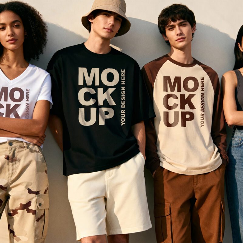 Thumbnail of a Group Of Diverse Young People Standing In Modern Streetwear Clothing Mockup