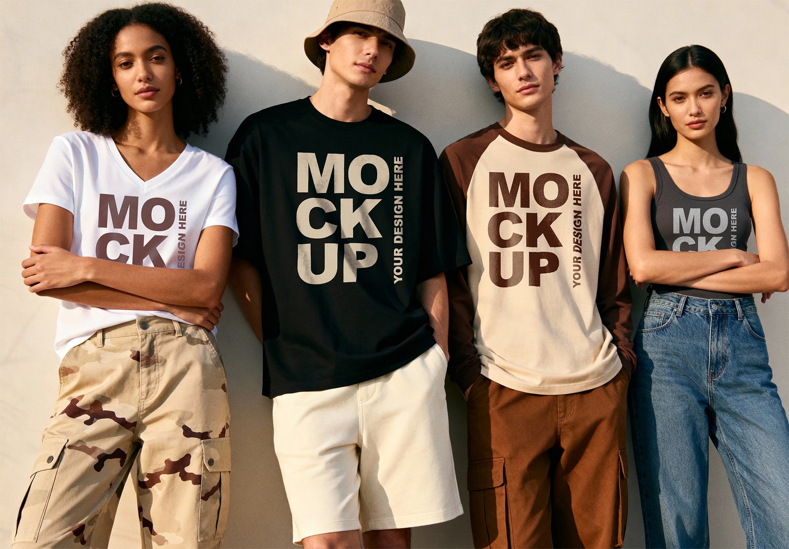 Thumbnail of a Group Of Diverse Young People Standing In Modern Streetwear Clothing Mockup