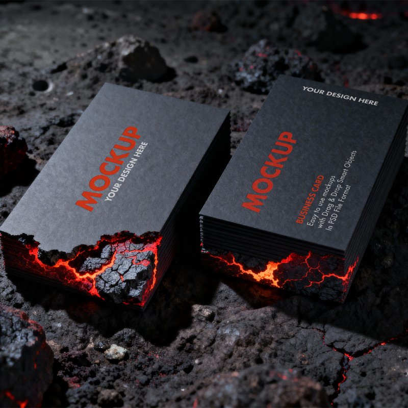 Thumbnail of a Black Business Card Mockup on Volcanic Lava Rock