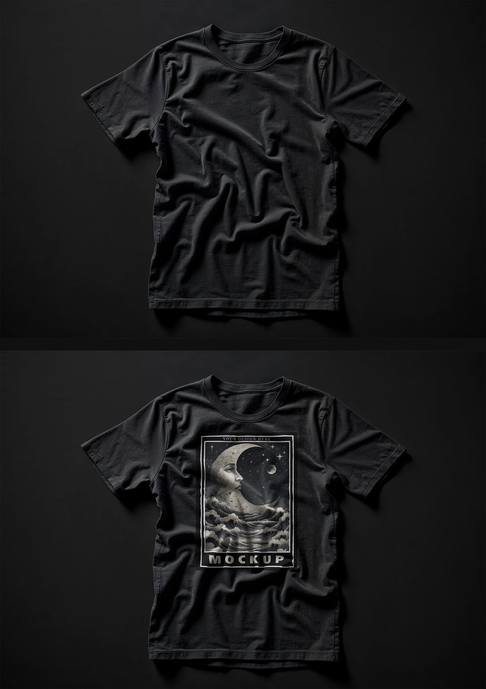 Preview of a Black T-shirt Mockup on a Black Background