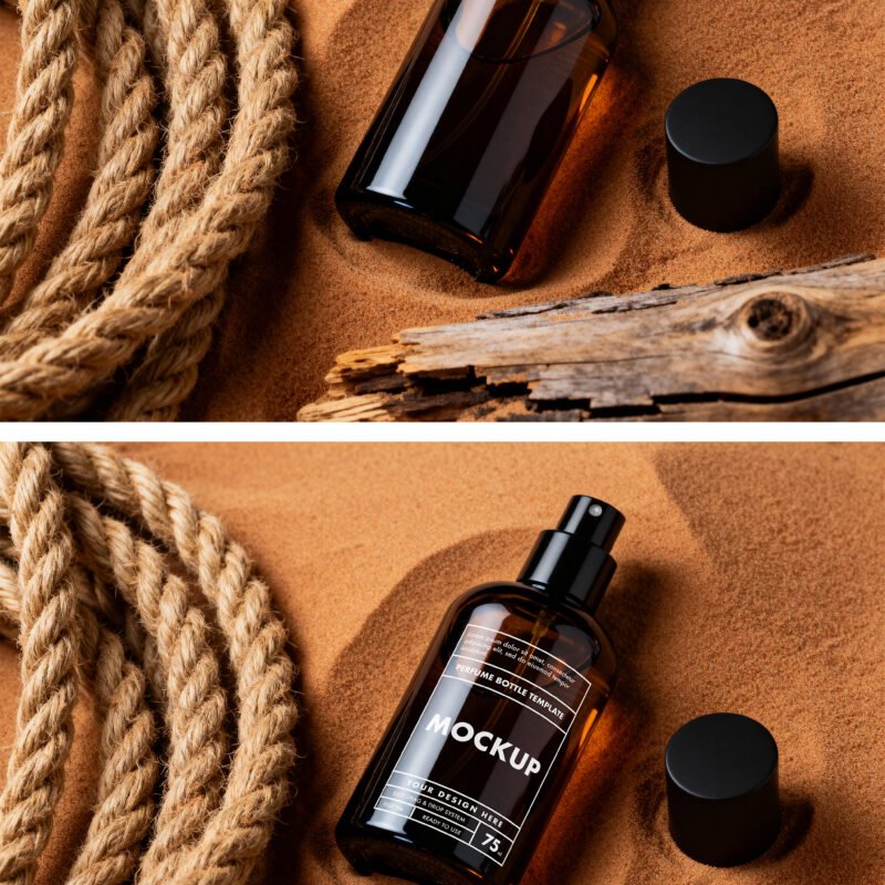 Preview of a Amber Glass Perfume Spray Bottle Mockup in Desert Sand with Rope and Driftwood