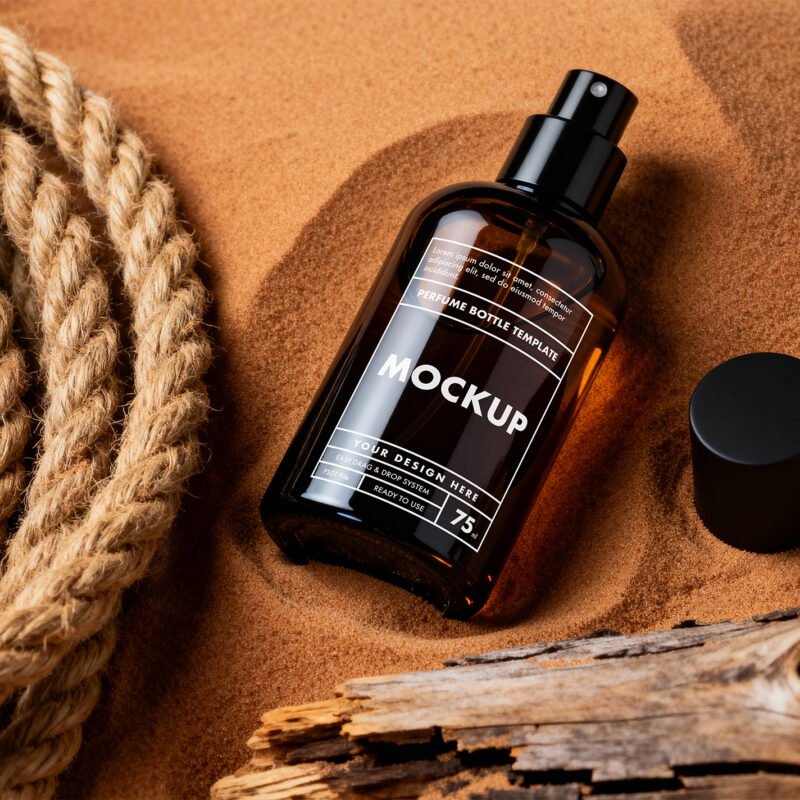 Thumbnail of a Amber Glass Perfume Spray Bottle Mockup in Desert Sand with Rope and Driftwood