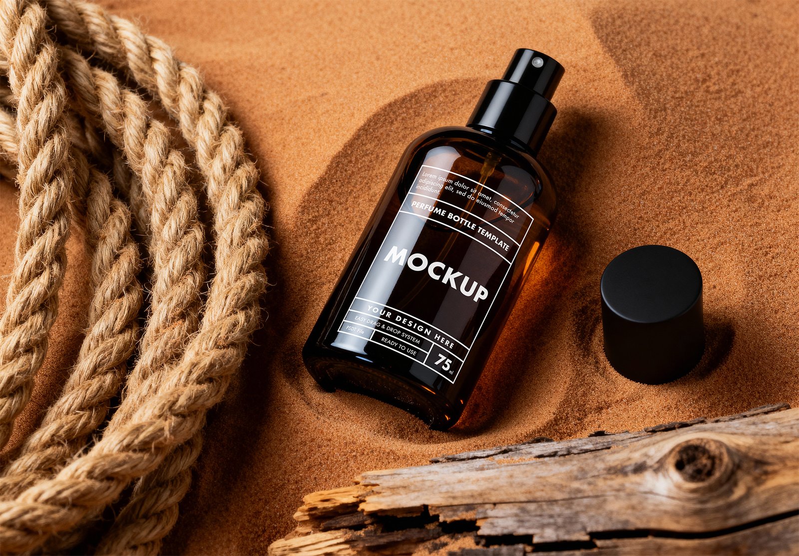 Thumbnail of a Amber Glass Perfume Spray Bottle Mockup in Desert Sand with Rope and Driftwood