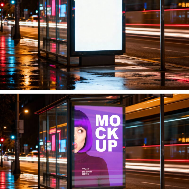 Preview of a Illuminated Street Poster Mockup At Bus Stop With Night City Light Trails