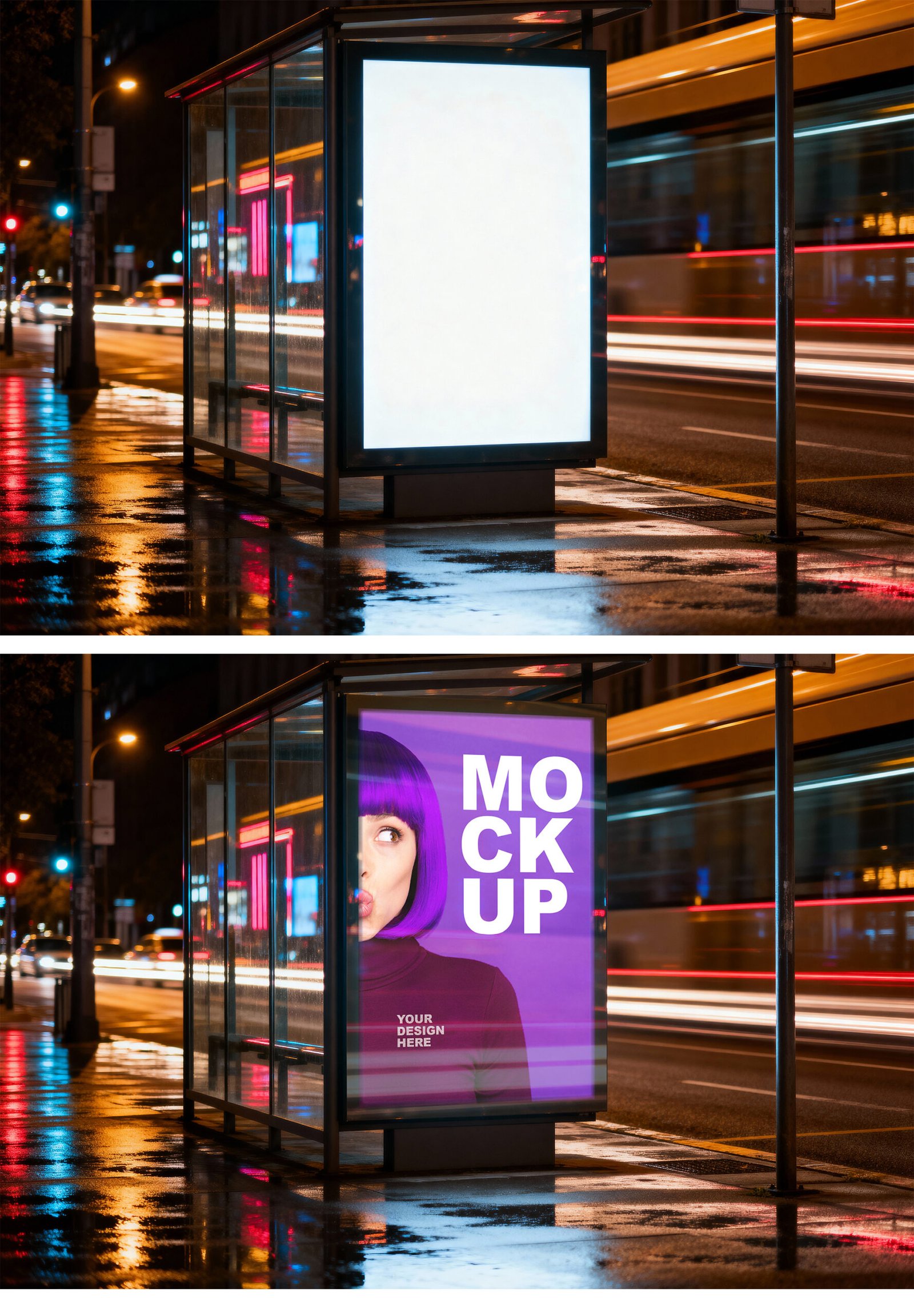 Preview of a Illuminated Street Poster Mockup At Bus Stop With Night City Light Trails