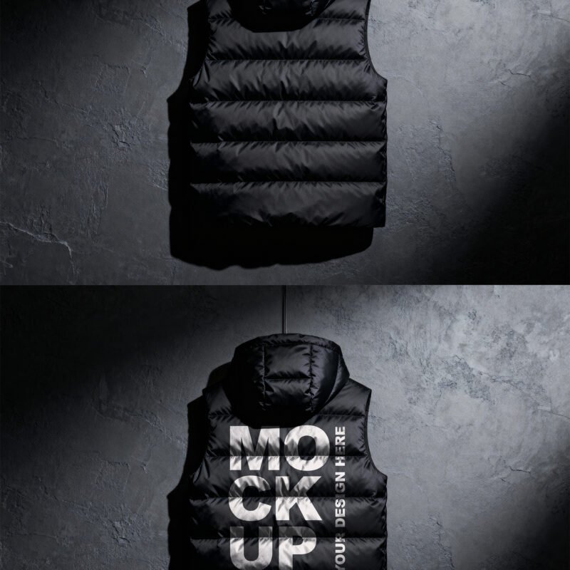 Preview of a Black Hooded Puffer Vest Mockup Back View