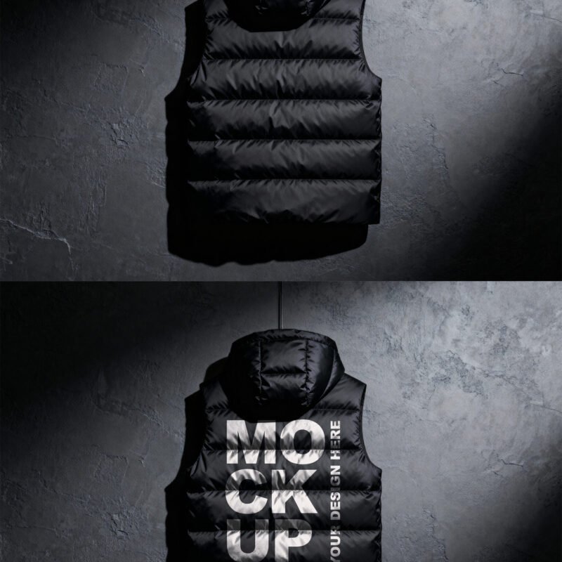 Preview of a Black Hooded Puffer Vest Mockup Back View