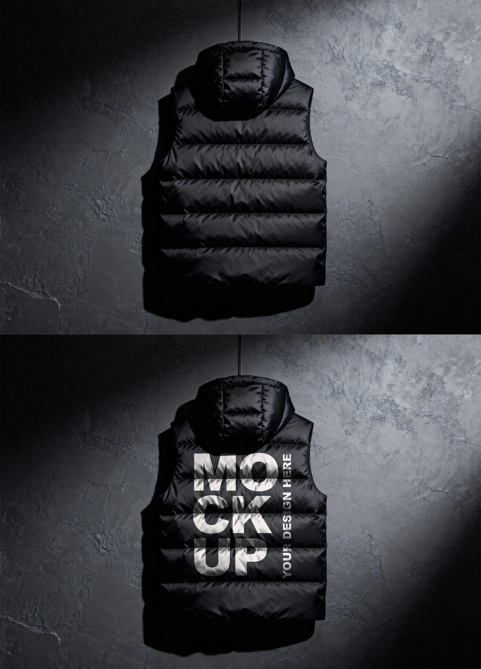 Preview of a Black Hooded Puffer Vest Mockup Back View
