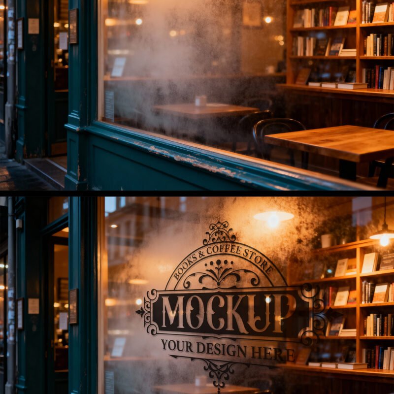 Window Display Mockup On Steamy Glass Of Cozy Rustic Urban Storefront - Preview1 Preview of a Window Display Mockup On Steamy Glass Of Cozy Rustic Urban Storefront