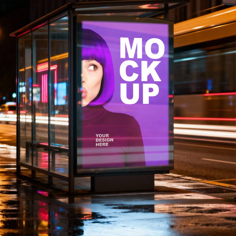 Thumbnail of a Illuminated Street Poster Mockup At Bus Stop With Night City Light Trails