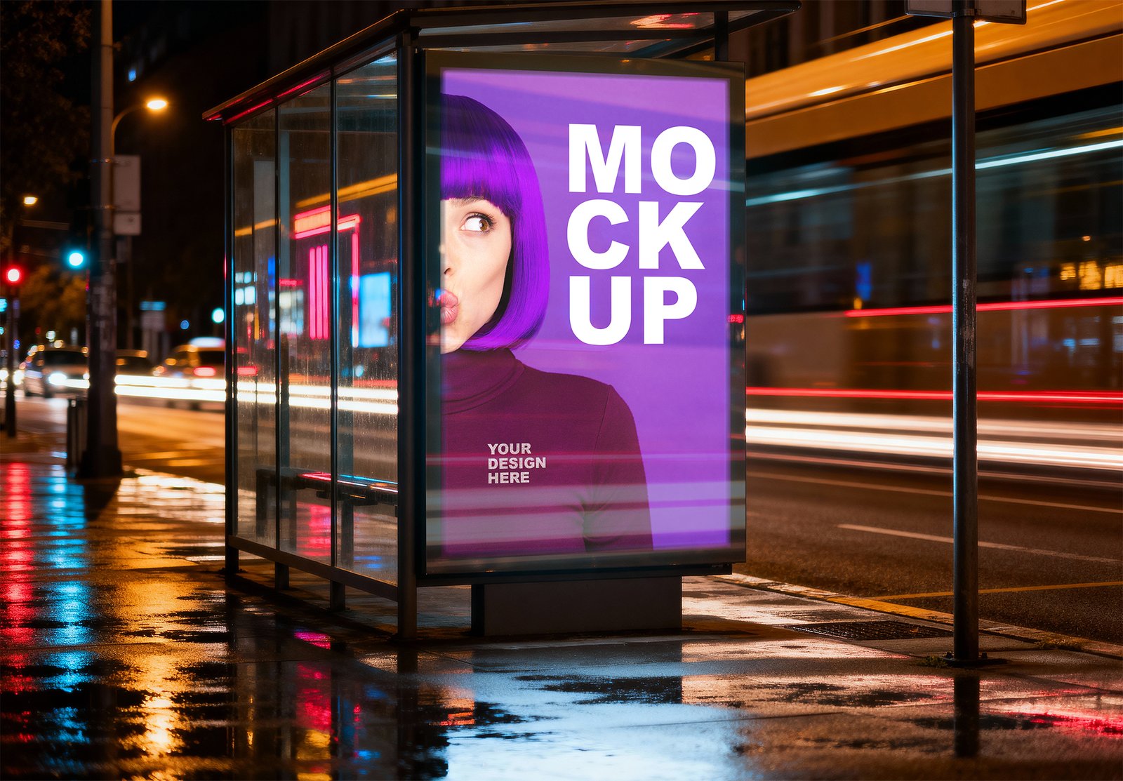 Thumbnail of a Illuminated Street Poster Mockup At Bus Stop With Night City Light Trails
