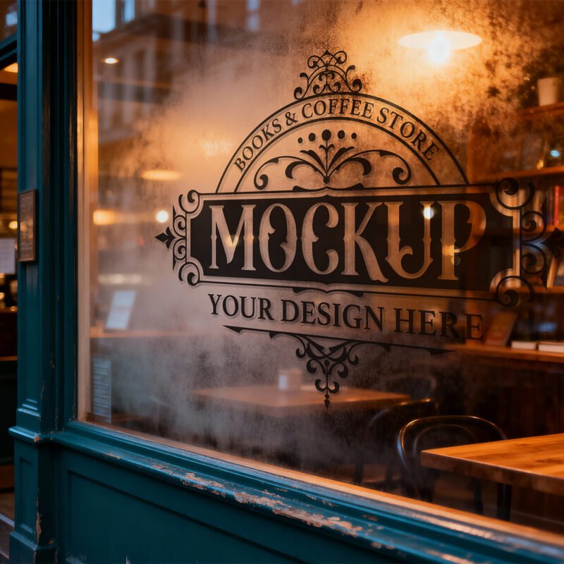 Thumbnail of a Window Display Mockup On Steamy Glass Of Cozy Rustic Urban Storefront