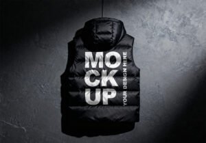 Black Hooded Puffer Vest Mockup Back View Thumbnail of a Black Hooded Puffer Vest Mockup Back View