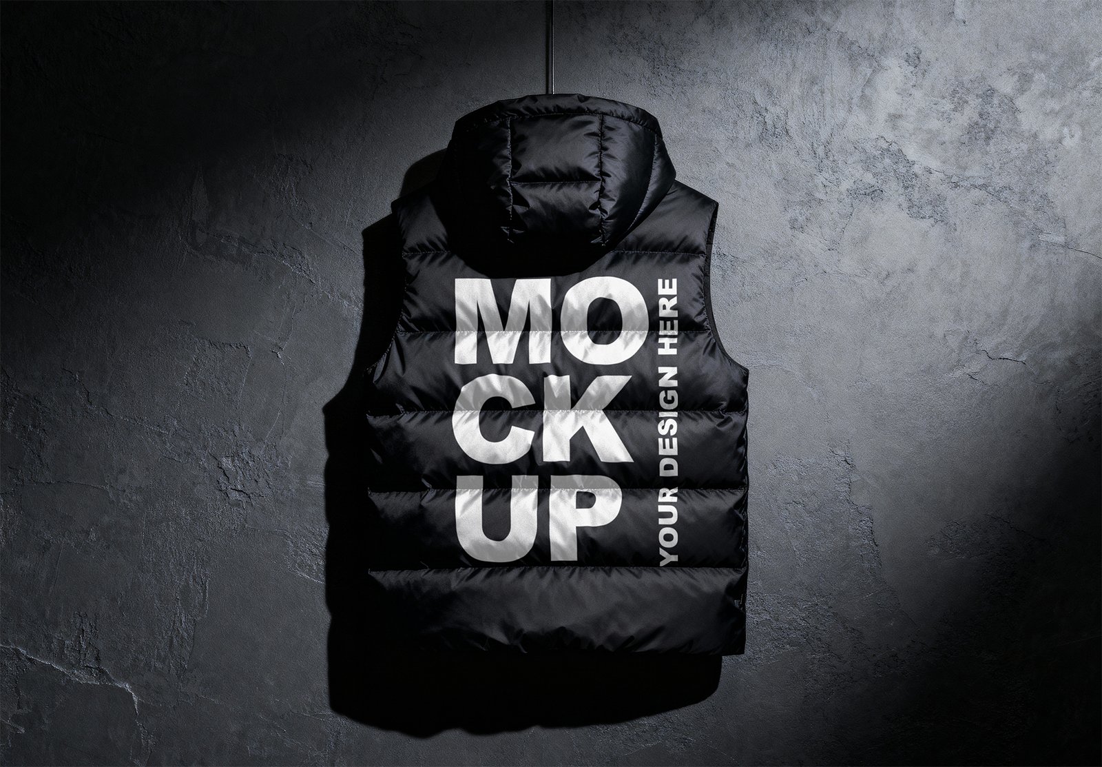 Black Hooded Puffer Vest Mockup Back View Thumbnail of a Black Hooded Puffer Vest Mockup Back View