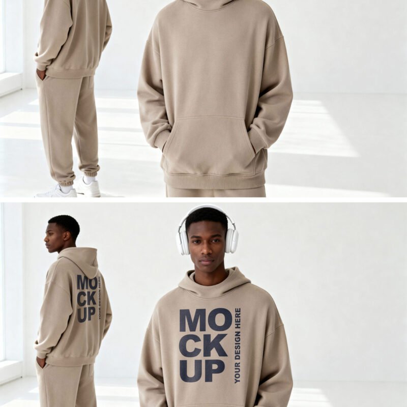 Preview of a Oversized Beige Hoodie Mockup On Male Model