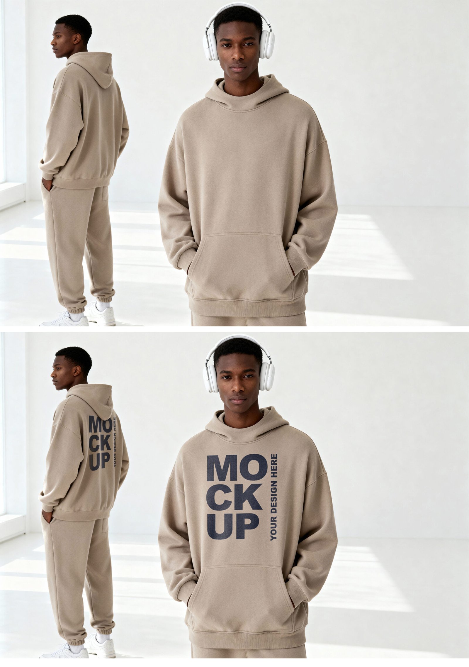 Oversized Beige Hoodie Mockup On Male Model - Preview1 Preview of a Oversized Beige Hoodie Mockup On Male Model
