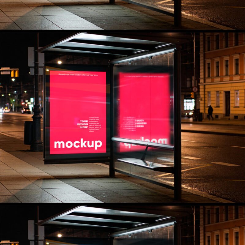 Preview of a Urban Bus Stop Lightbox Mockup With Glass Reflection At Night