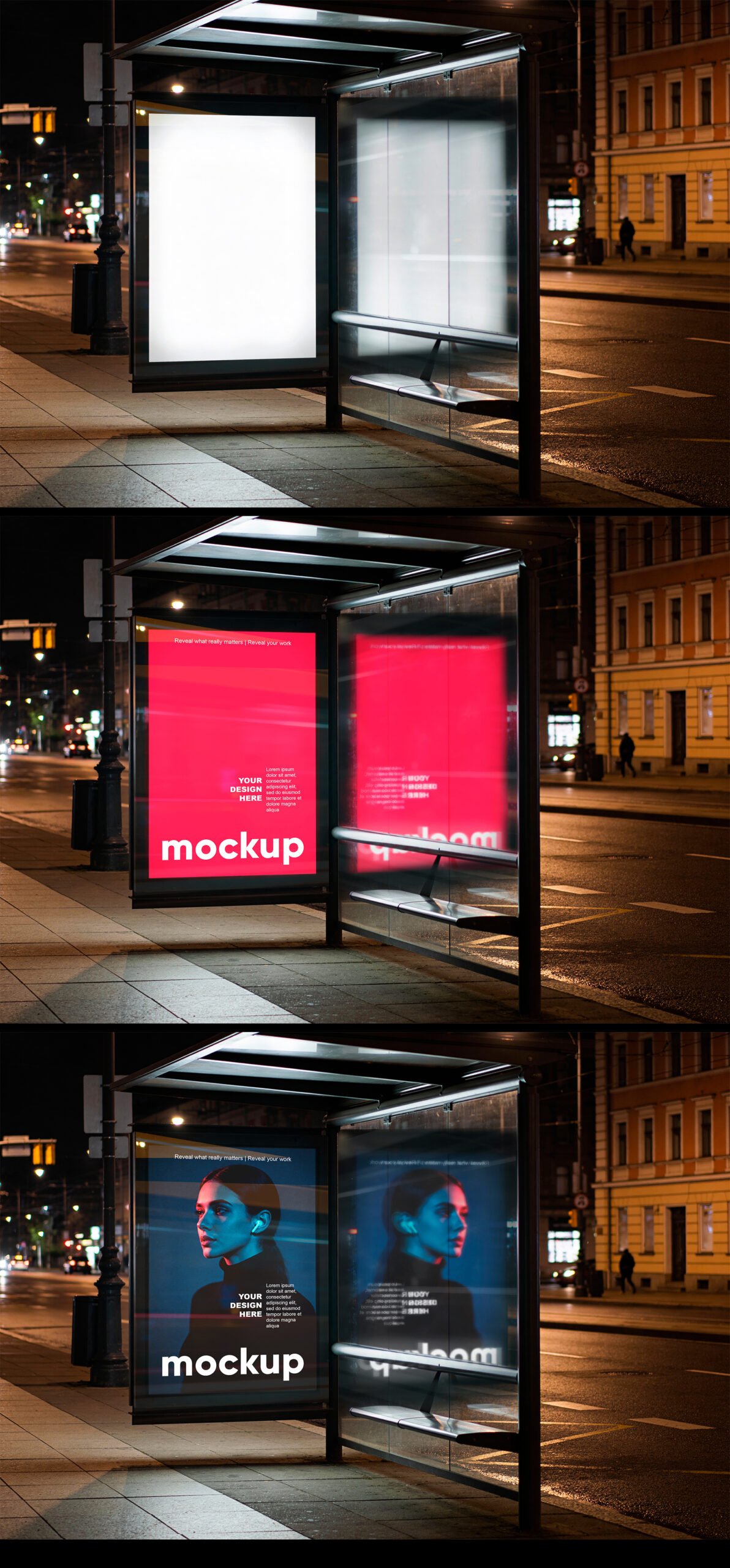 Preview of a Urban Bus Stop Lightbox Mockup With Glass Reflection At Night