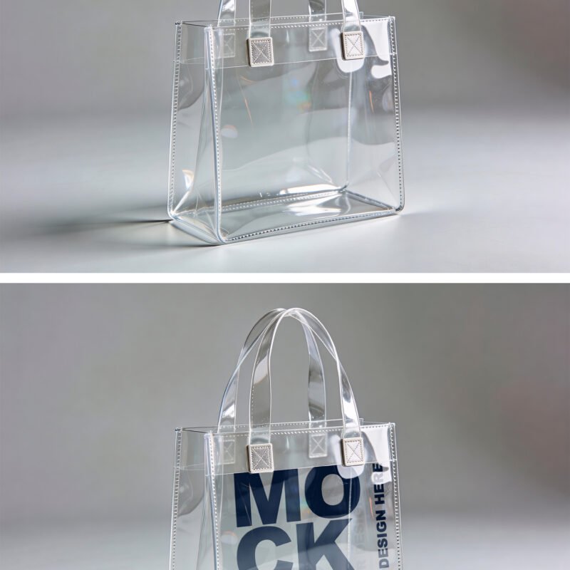 Transparent PVC Tote Bag Mockup on Minimal Studio Background - Preview1 Preview of a Transparent PVC Tote Bag Mockup on Minimal Studio Background