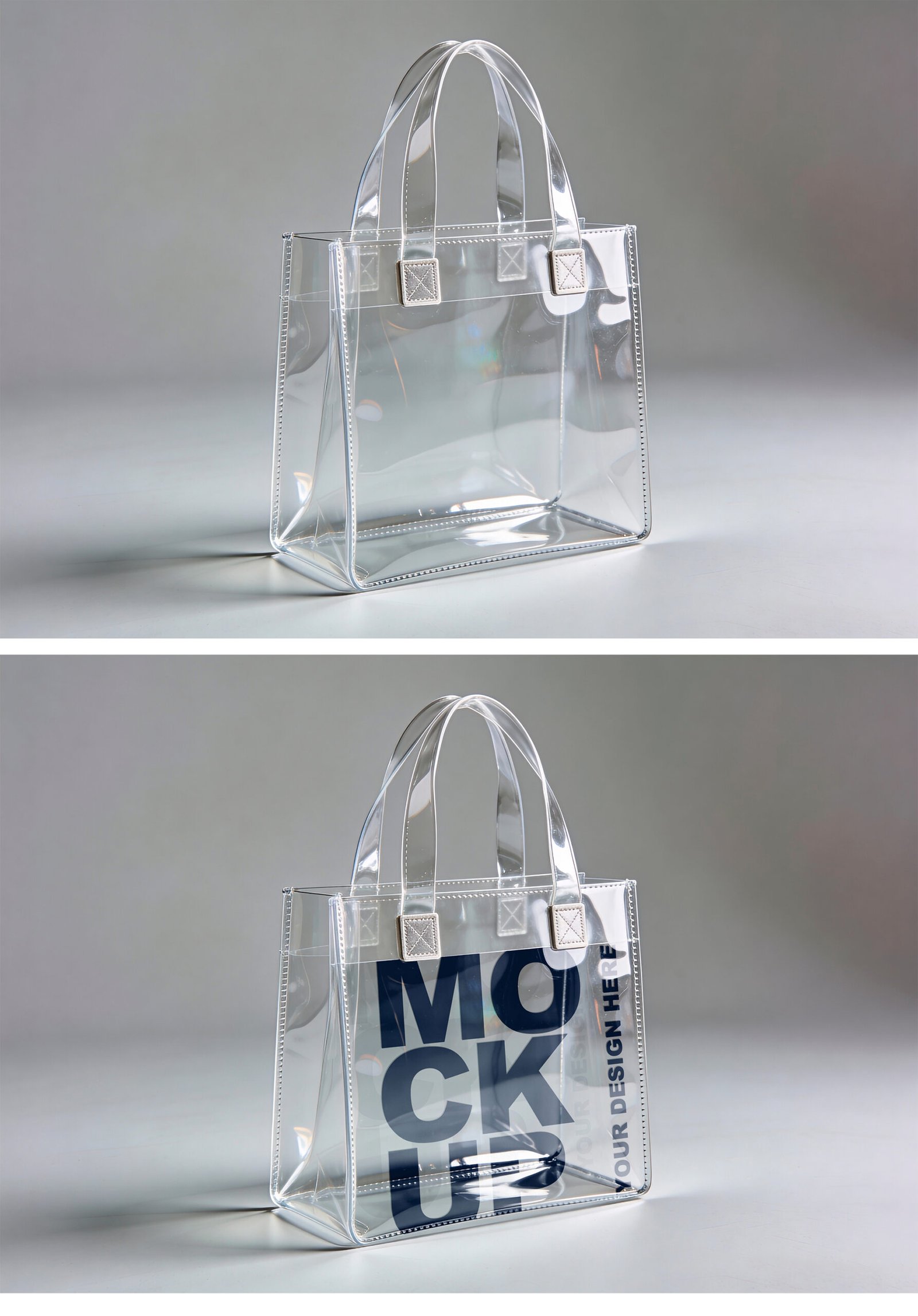 Transparent PVC Tote Bag Mockup on Minimal Studio Background - Preview1 Preview of a Transparent PVC Tote Bag Mockup on Minimal Studio Background