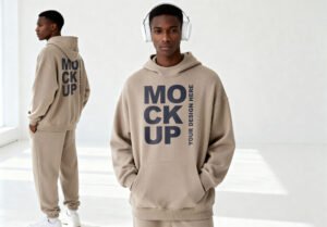 Oversized Beige Hoodie Mockup On Male Model - Thumbnail Thumbnail of a Oversized Beige Hoodie Mockup On Male Model