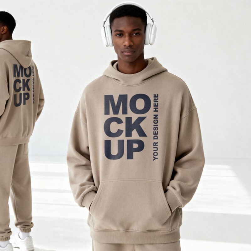 Thumbnail of a Oversized Beige Hoodie Mockup On Male Model