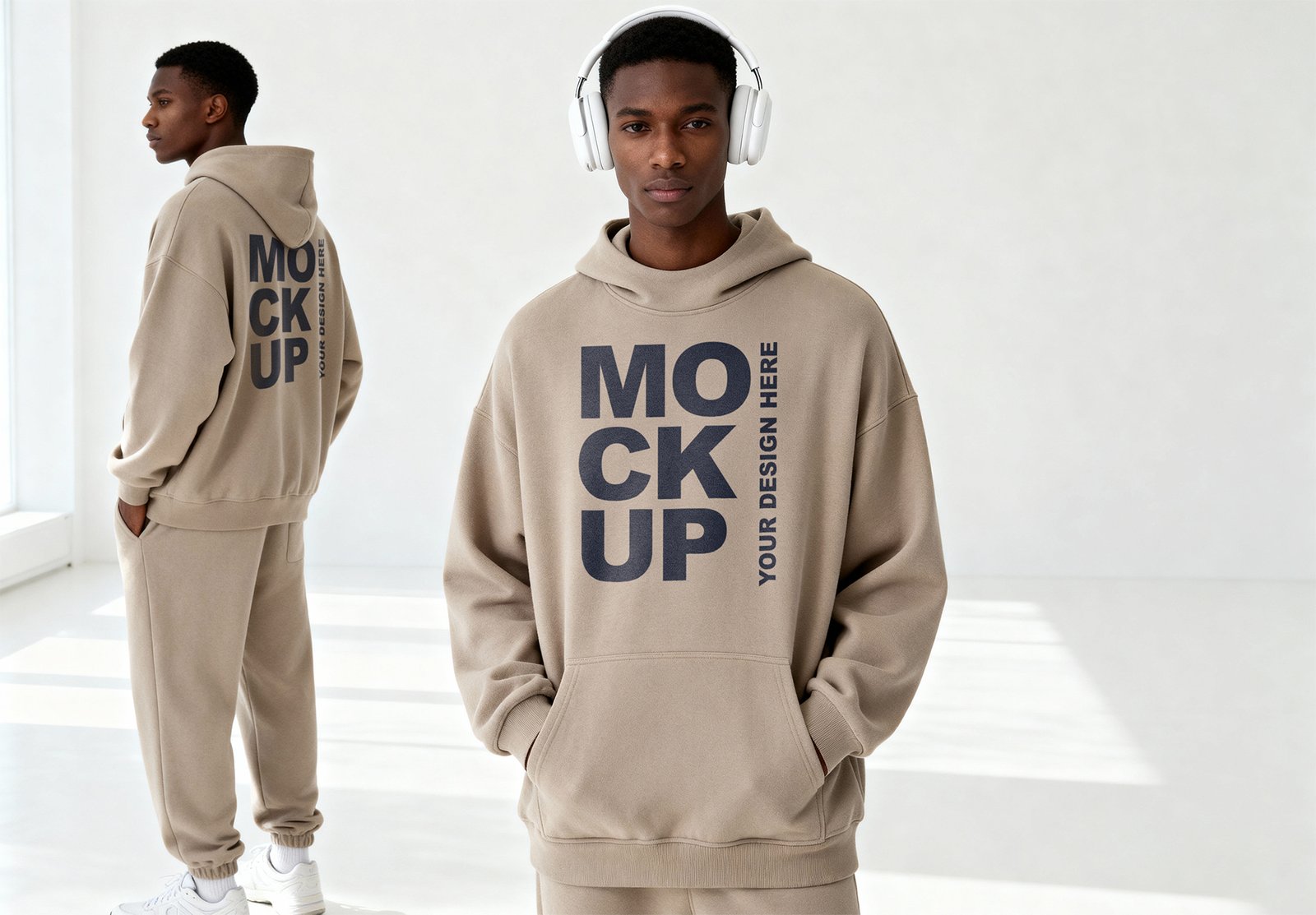 Oversized Beige Hoodie Mockup On Male Model - Thumbnail Thumbnail of a Oversized Beige Hoodie Mockup On Male Model