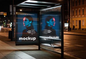 Urban Bus Stop Lightbox Mockup With Glass Reflection At Night - Thumbnail Thumbnail of a Urban Bus Stop Lightbox Mockup With Glass Reflection At Night