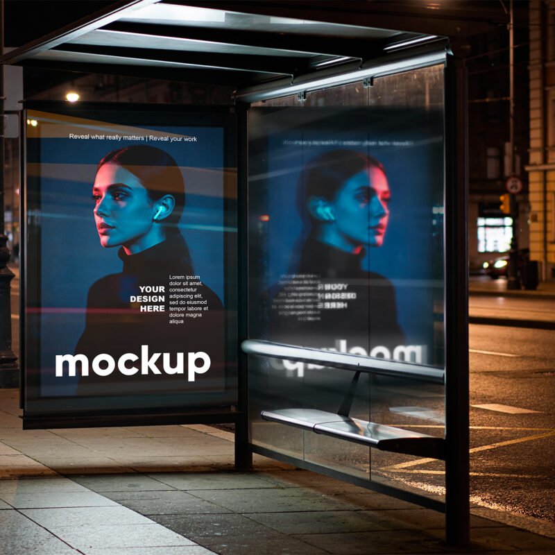 Thumbnail of a Urban Bus Stop Lightbox Mockup With Glass Reflection At Night