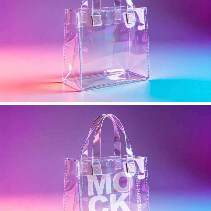 Transparent Pvc Tote Bag Mockup On Cyberpunk Colors Background - Preview1 Preview of a Transparent Pvc Tote Bag Mockup On Cyberpunk Colors Background