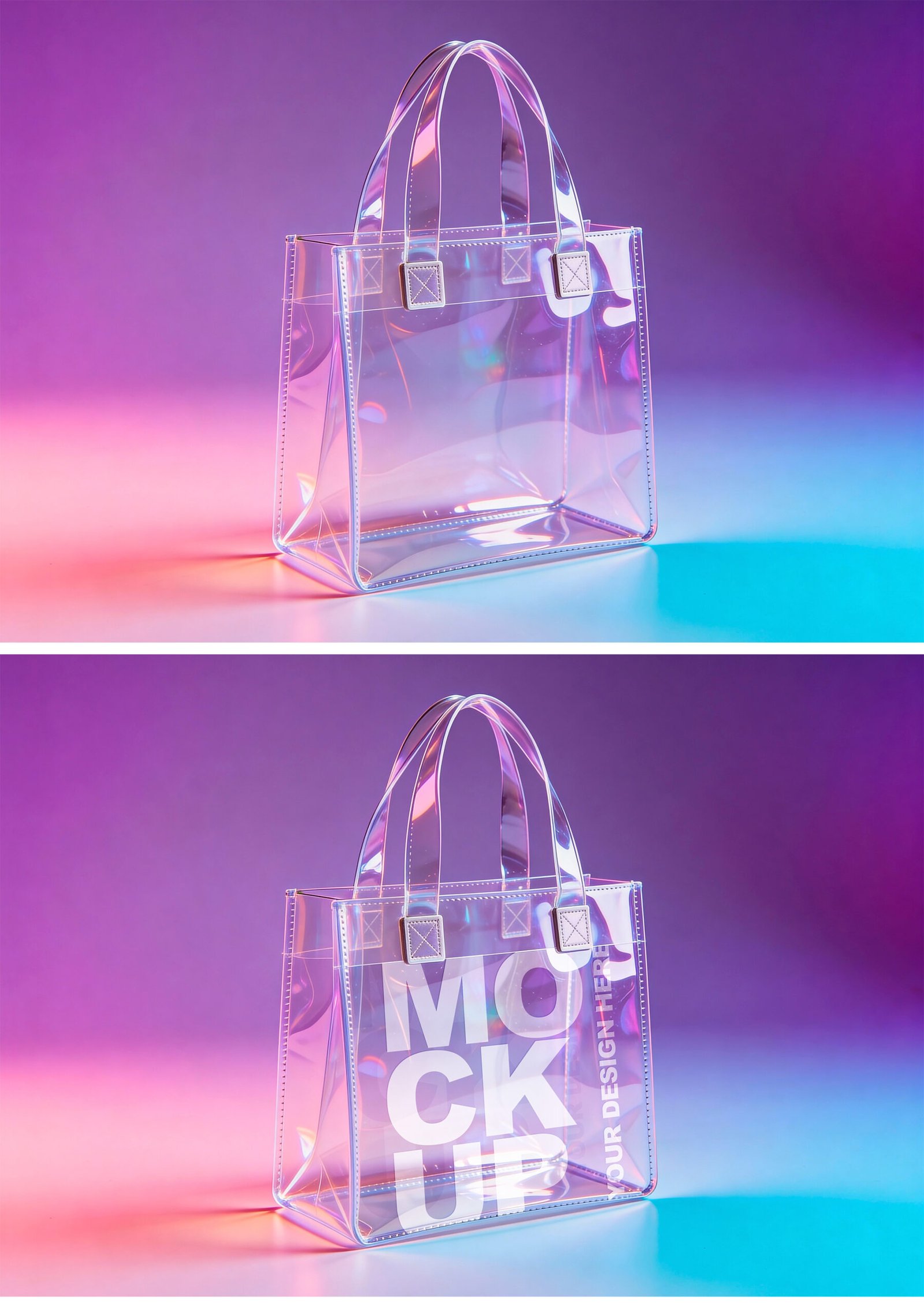 Transparent Pvc Tote Bag Mockup On Cyberpunk Colors Background - Preview1 Preview of a Transparent Pvc Tote Bag Mockup On Cyberpunk Colors Background