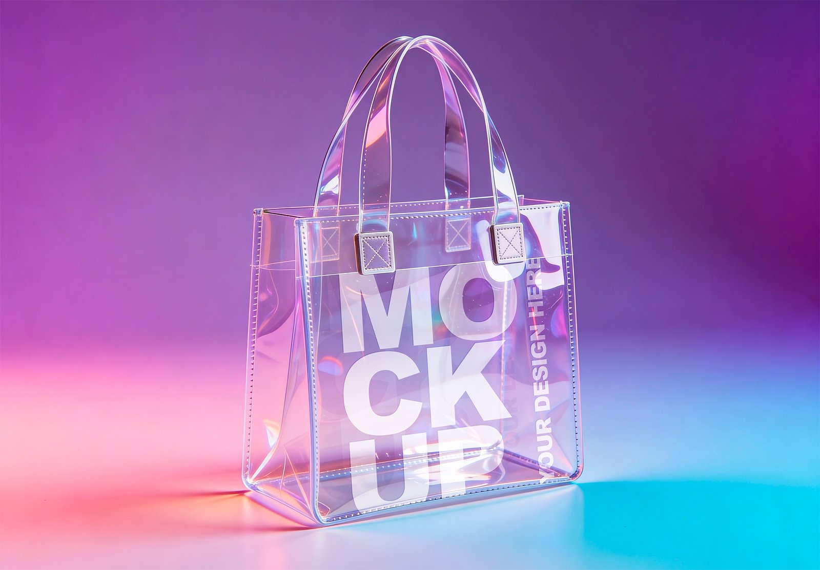 Transparent Pvc Tote Bag Mockup On Cyberpunk Colors Background -Thumbnail thumbnail of a Transparent Pvc Tote Bag Mockup On Cyberpunk Colors Background