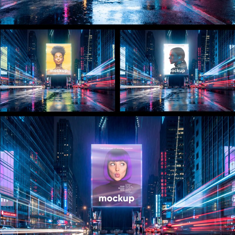 Preview of a Reflected Billboard Mockup On Rainy Night City Street Urban Advertising
