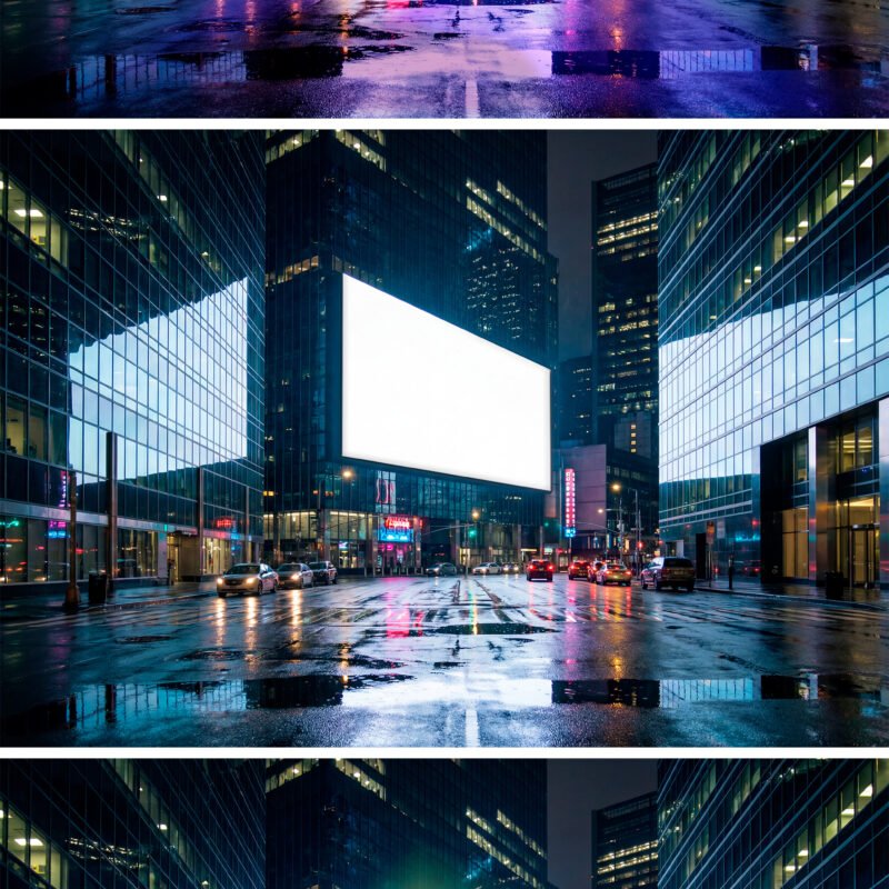 Preview of a Reflected Horizontal Billboard Mockup on Rainy Night City Street