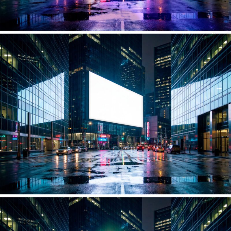 Reflected Horizontal Billboard Mockup on Rainy Night City Street - Preview1 Preview of a Reflected Horizontal Billboard Mockup on Rainy Night City Street