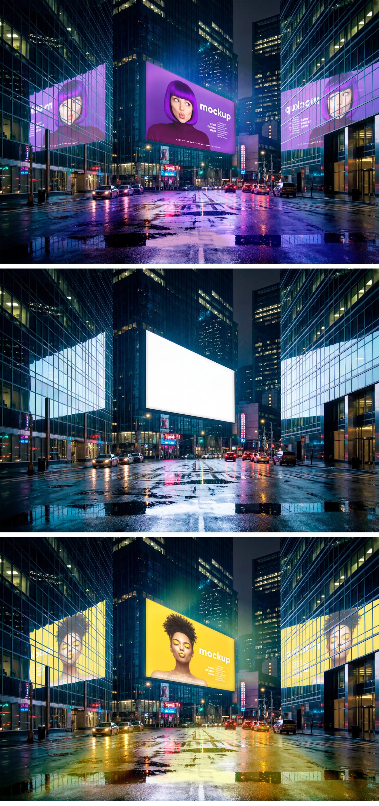 Preview of a Reflected Horizontal Billboard Mockup on Rainy Night City Street