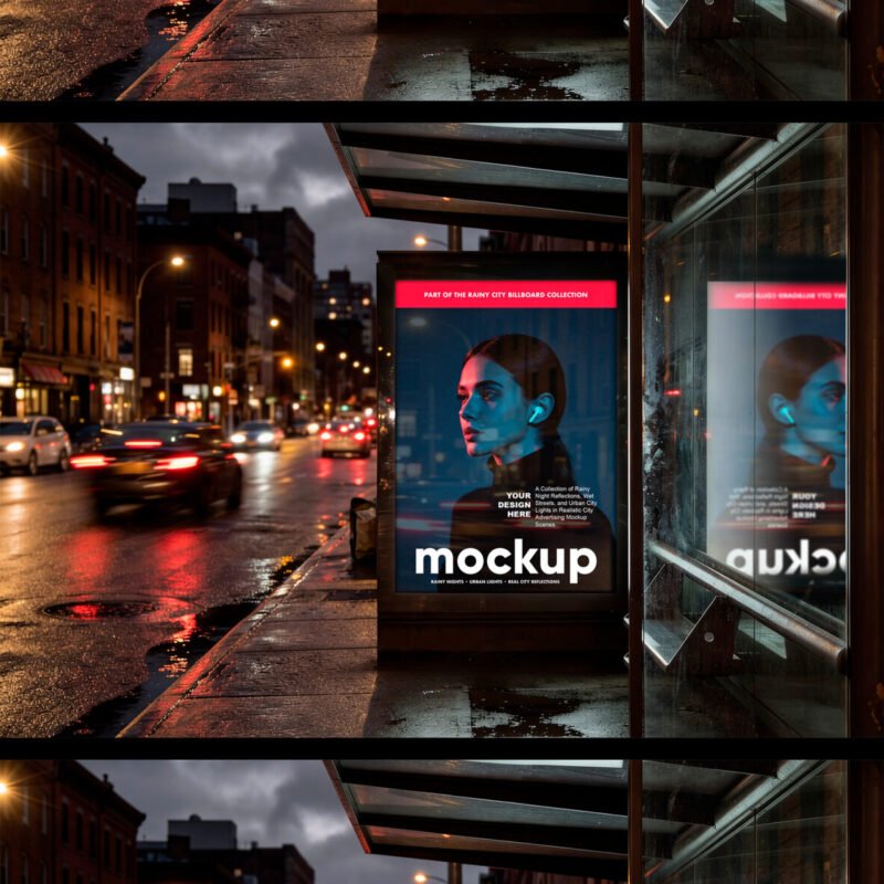 Preview of a Reflected Bus Stop Billboard Mockup on Rainy Night City Street