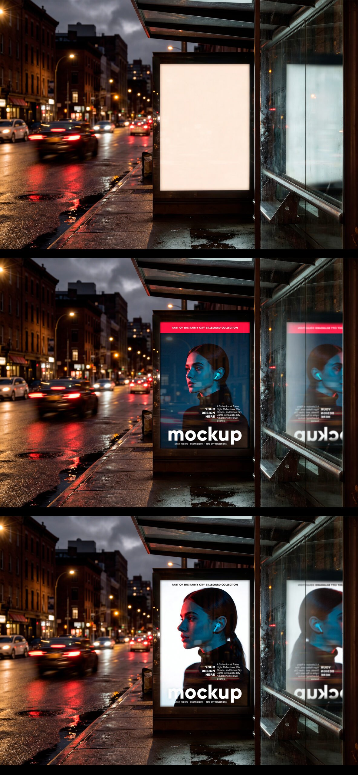 Preview of a Reflected Bus Stop Billboard Mockup on Rainy Night City Street