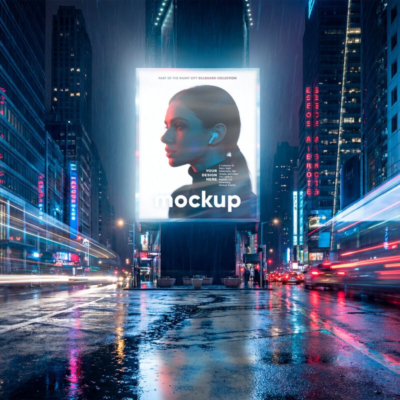 Thumbnail of a Reflected Billboard Mockup On Rainy Night City Street Urban Advertising