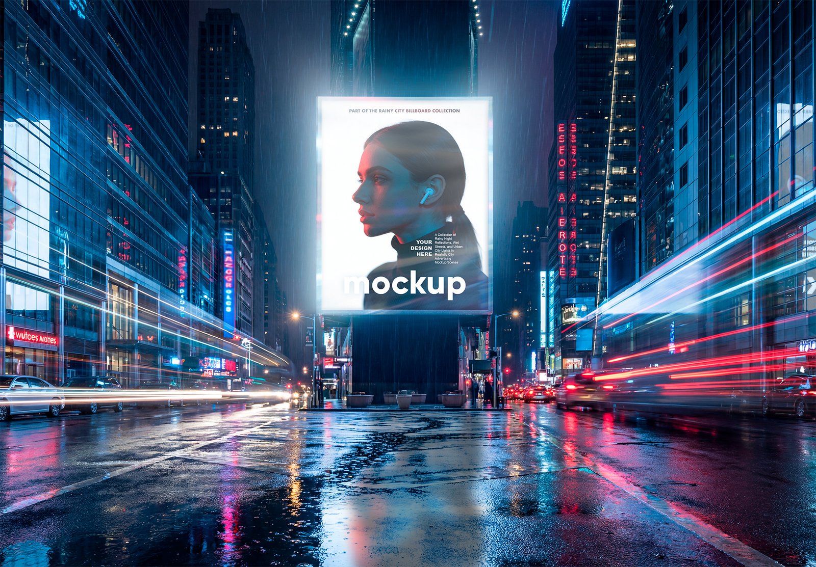 Thumbnail of a Reflected Billboard Mockup On Rainy Night City Street Urban Advertising