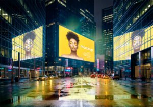 Thumbnail of a Reflected Horizontal Billboard Mockup on Rainy Night City Street