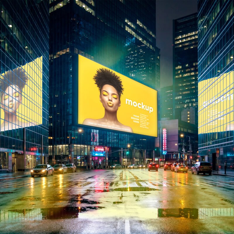 Thumbnail of a Reflected Horizontal Billboard Mockup on Rainy Night City Street