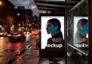 Reflected Bus Stop Billboard Mockup on Rainy Night City Street