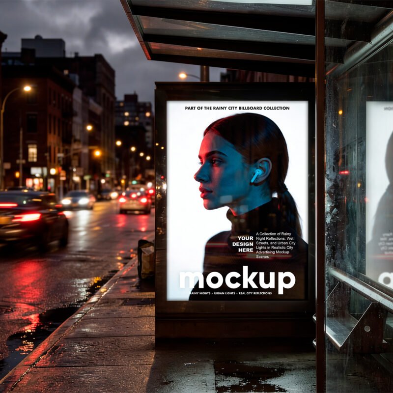 Reflected Bus Stop Billboard Mockup on Rainy Night City Street