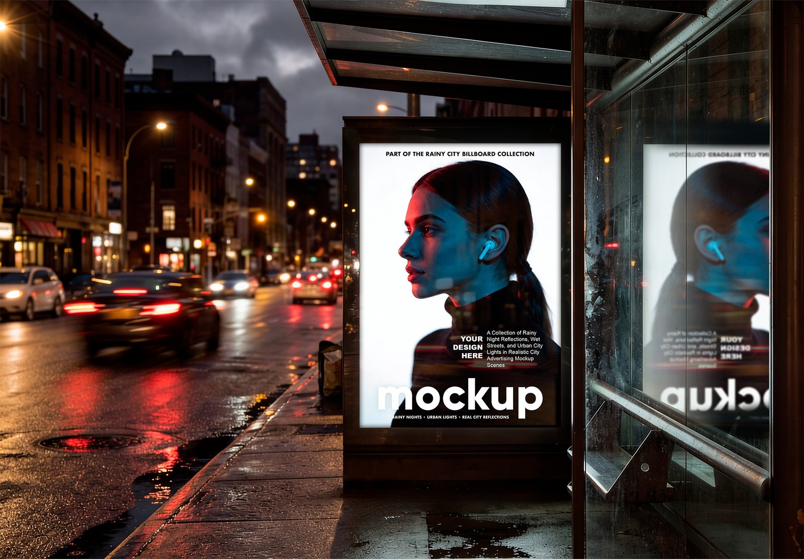 Reflected Bus Stop Billboard Mockup on Rainy Night City Street