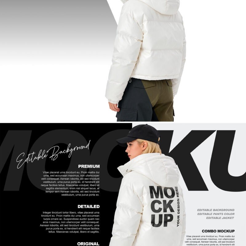bmachina female white puffer jacket mockup rear view -preview1